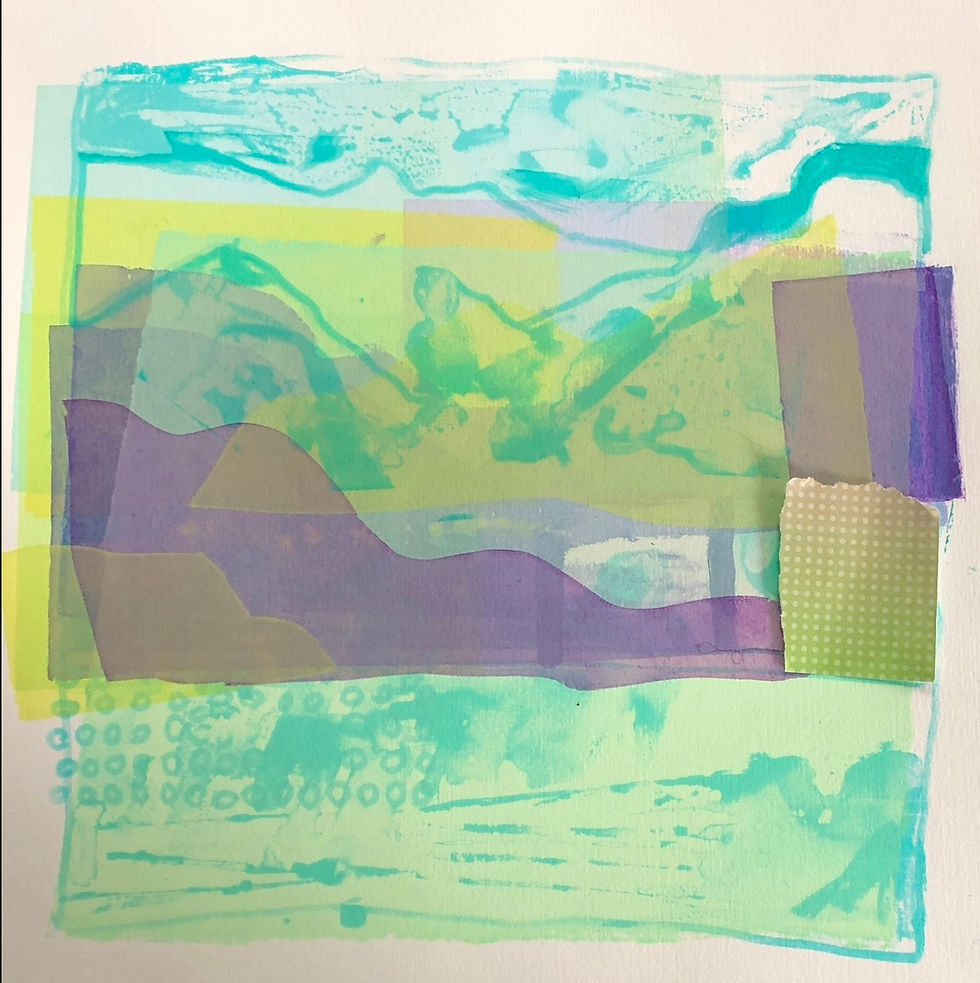 Purple mountain shapes, cyan blue outlines of water, mountains and sky and neon yellow and lime transparent squares and rectangles.