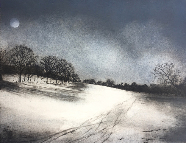 Evening scene of fields in Surrey, handmade print by Angela Brookes