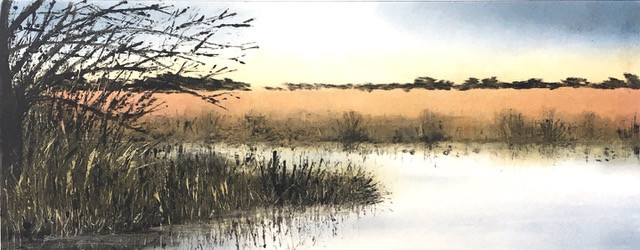 Evening light over reed beds, handmade print by Angela Brookes