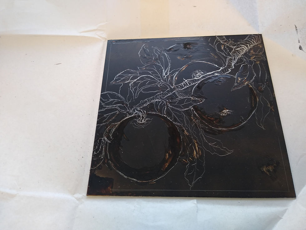 Silver lines on a brown background show apples hanging from a tree