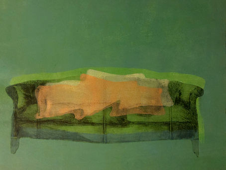 An ethereal green sofa covered with ghostly layers of yellow cushions or blankets floats in a green space in Bess Frimdig's new print