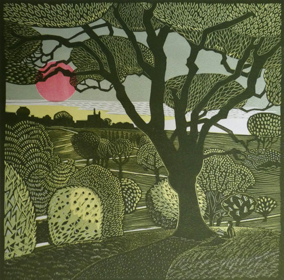A stylised view of Greenwich Park, looking from under a tree towards the observatory on a distant skyline. This is in tones of olive green, with a red sun hanging in the sky on the left hand side.