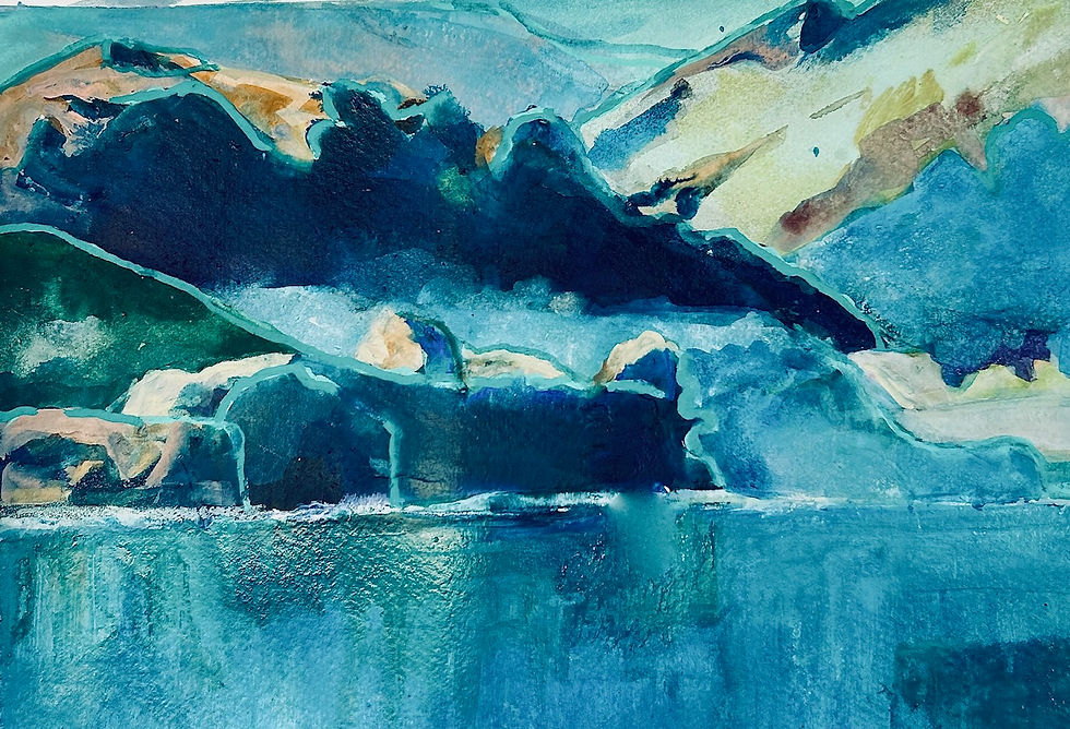 A lake in different shimmering blues and greens with blue and ochre mountains behind it and teal outlines.
