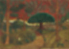 Hand-coloured etching of an idyllic rural scene with trees and a path, with a man using a glowing laptop under a tree