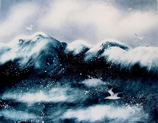 Rough sea in Ireland with gannets, monotype print by Angela Brookes