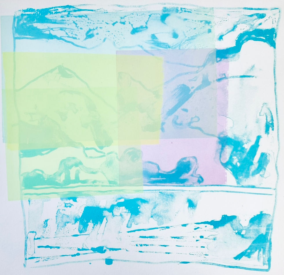 Cyan blue outlines of mountains, clouds and water with transparent neon yellow, lime and pink squares overlapping on the left hand side of the image.