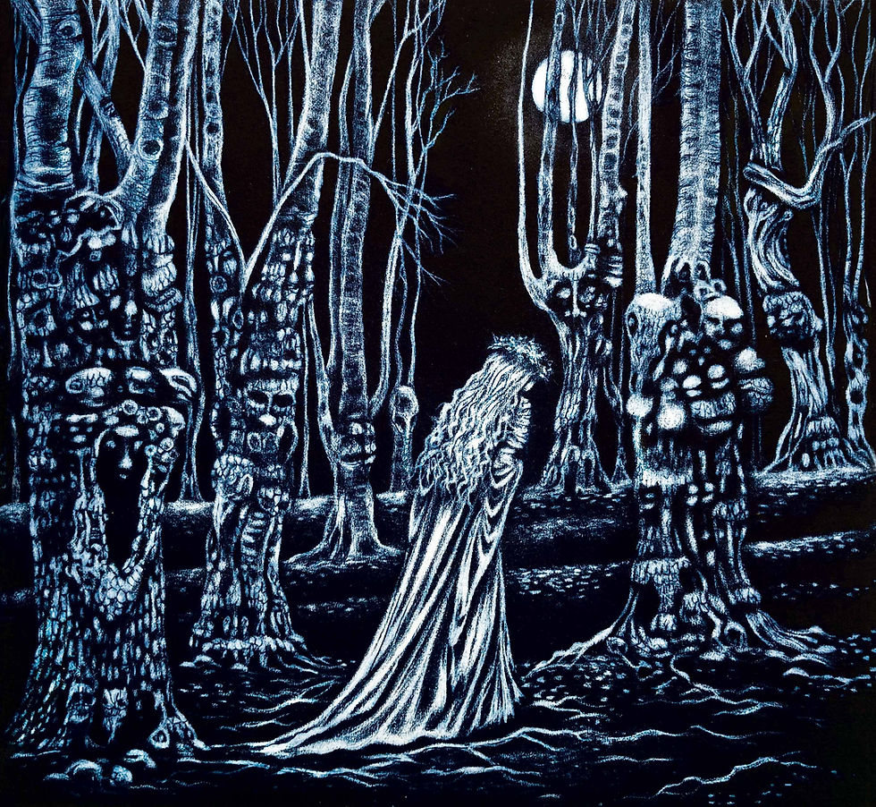 A dark blue mezzotint print of a long-haired figure in a crown and flowing dress facing away as if walking further into a moonlit woodland.