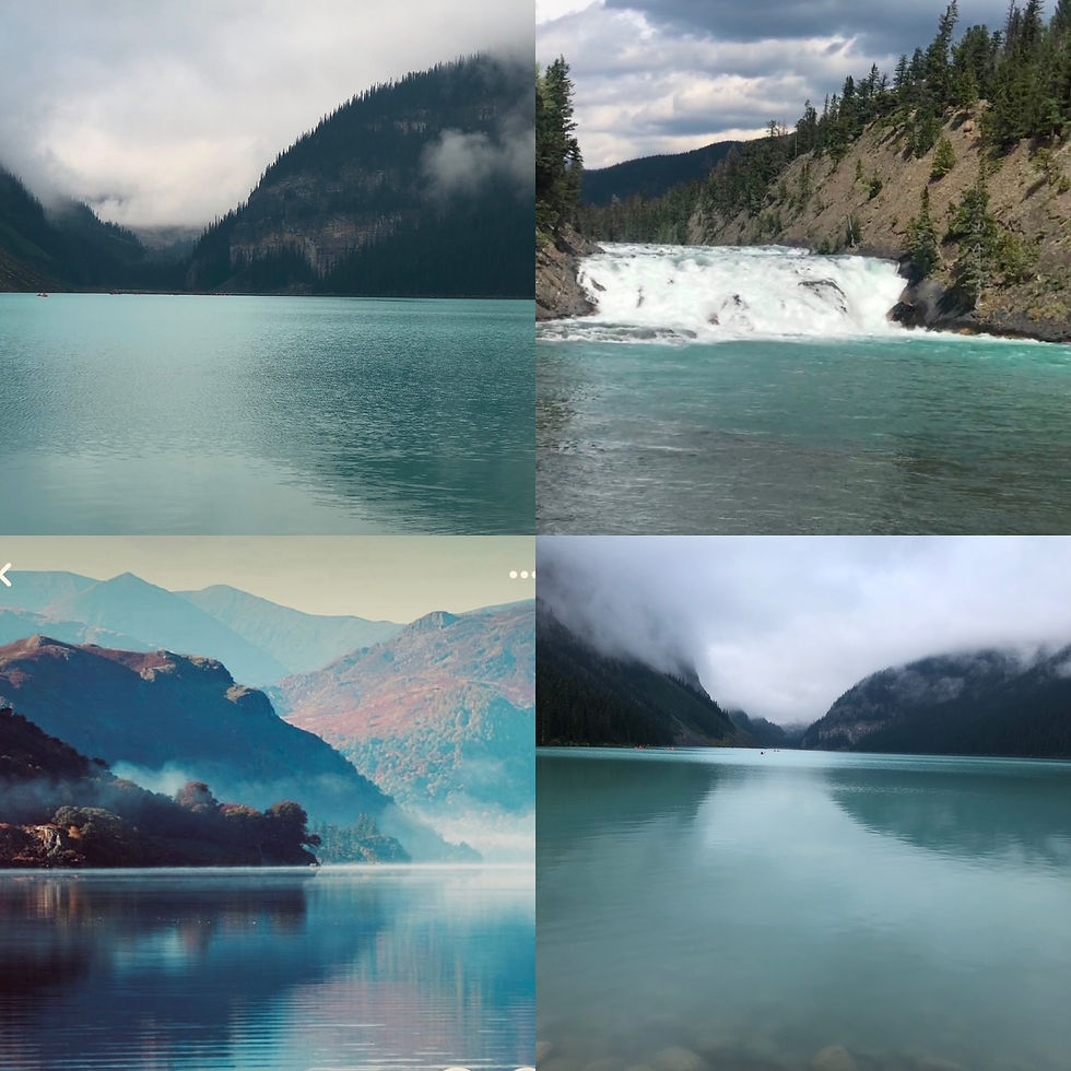 A series of photos of lakes and mountains in the Rockies. The area is a deep turquoise.