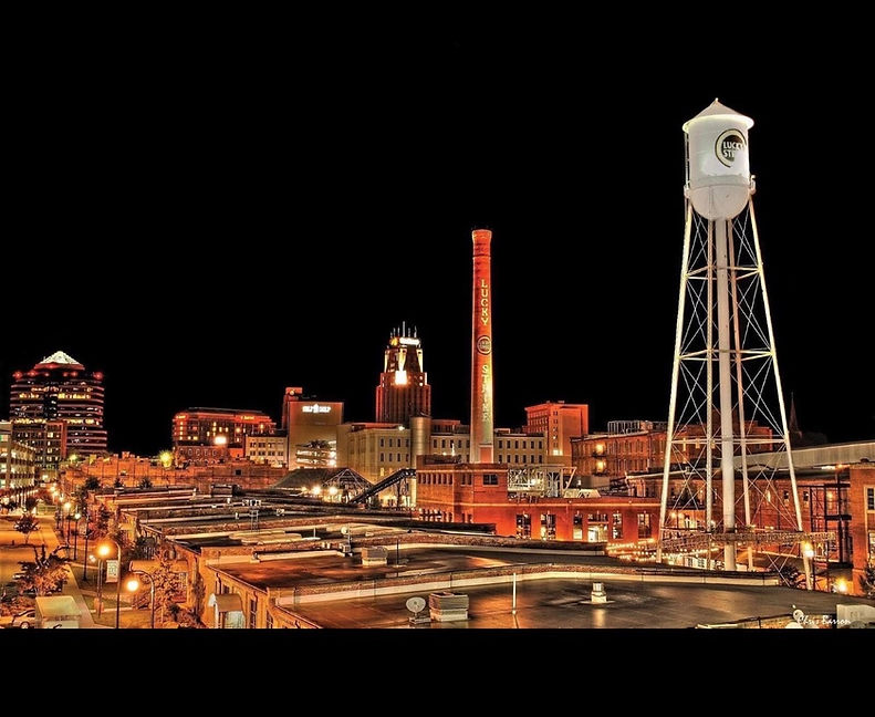 Durham's city skyline at night, taken from American Tobacco Campus looking north.