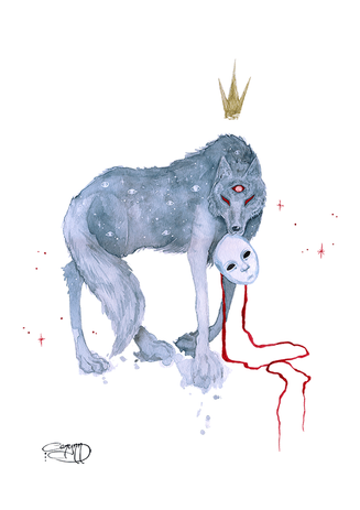 A watercolor painting of a shaggy wolf done in shades of muted blue. It's eyes are red, and it has a third red eye in the center of it'd forehead with a wide white pupil. It's fur is flecked with white stars and simply drawn white eyes. In it's mouth it carries a white mask of a human face with flat black eyes and no lips or mouth. Red ribbons trail from the mask. Above the wolf's head, a three-pronged gold grown. Scattered around it, red stars.