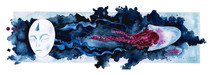 A dreamy watercolor painting features a white face resembling a mask, it's eyes closed, it's expression peaceful. A dark blue cloud dramatically explodes from behind it. Two ethereal pale blue jellyfish, adorned with dark magenta tentacles, gracefully swim within the cloud's depths. Blue ribbons flow from the back of the mask, intertwining with the swirling tentacles. A striking blue triangle adorns the center of the mask's forehead. Scattered within the cloud are twinkling white stars, while blue stars shimmer in the space around it, adding a touch of cosmic magic to the scene.