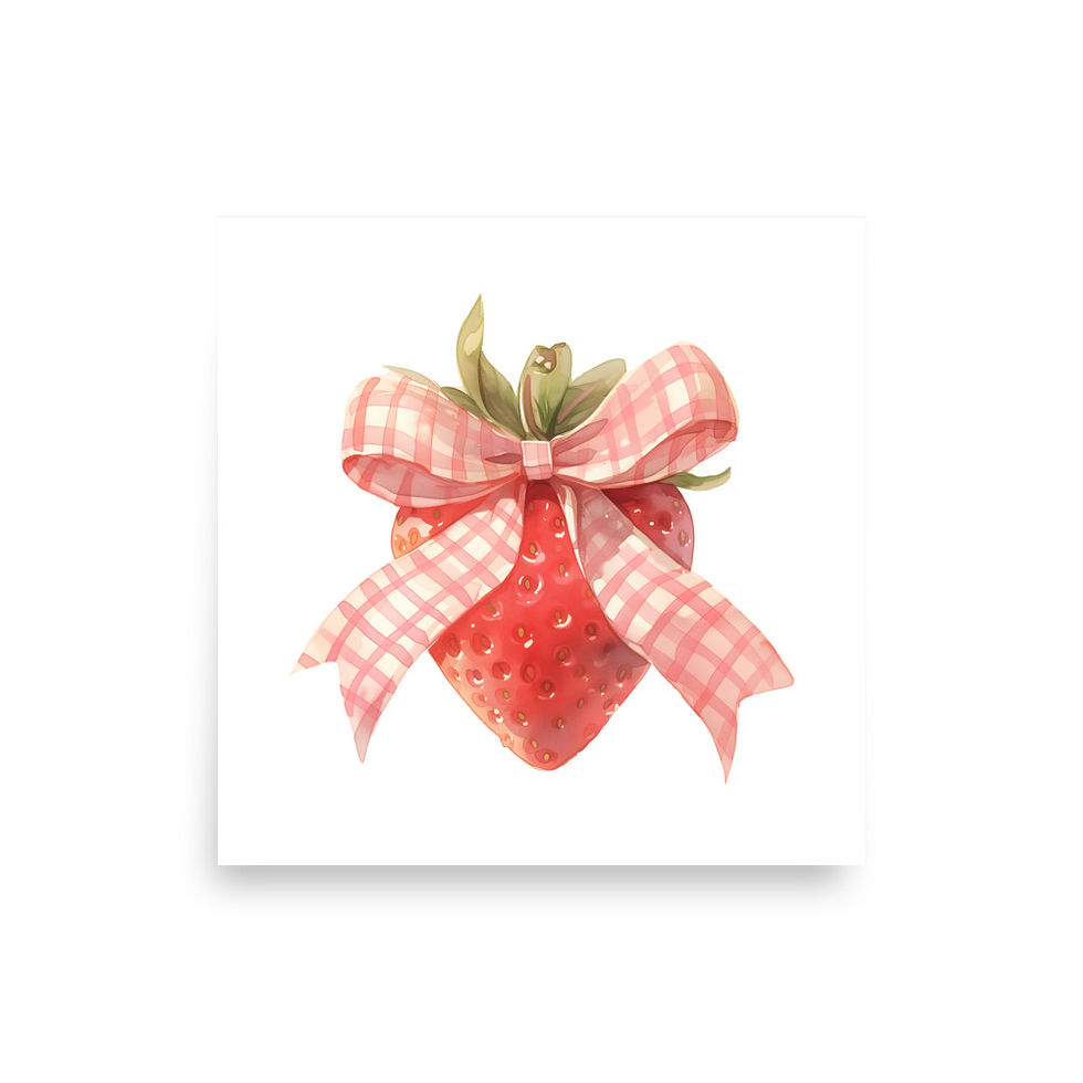 Cute Strawberry With Gingham Bow Art Print Kawaii Fruit Soft Girl Wall Art