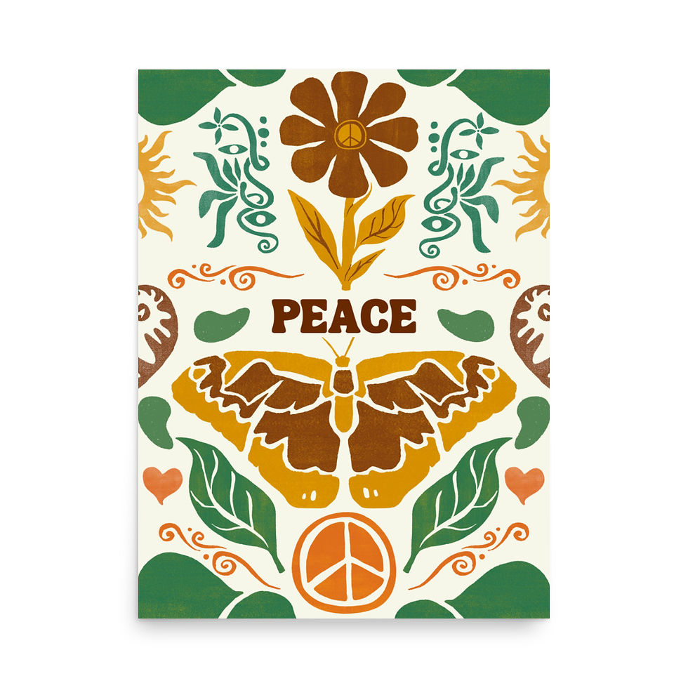 Hippie Butterfly Peace Art Print Green Brown Yellow Floral Botanical Groovy