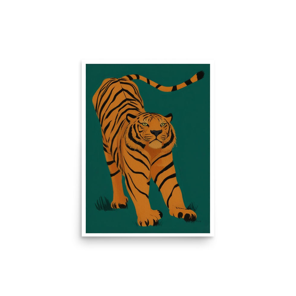 Stretching Tiger Art Print Dark Green Animal Wall Art Trendy Poster