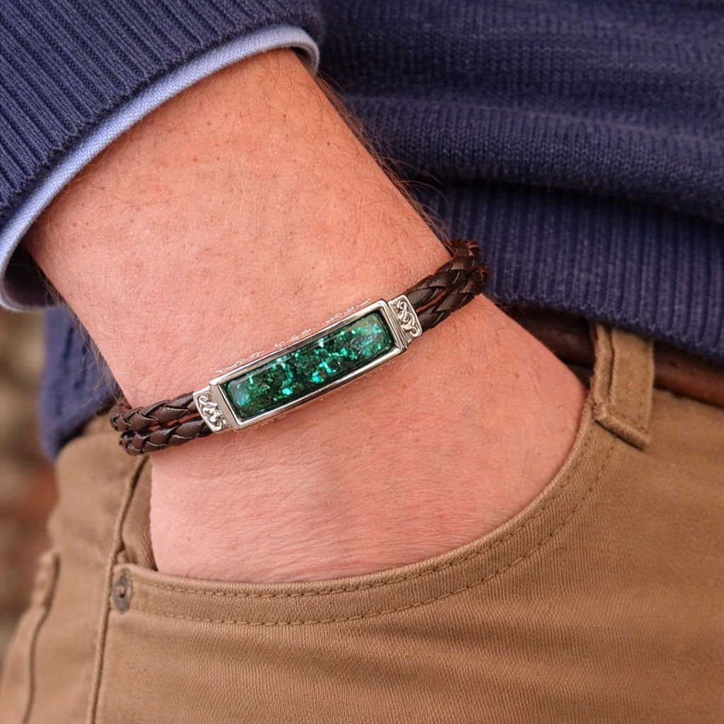 Silver & Leather  Memorial Rectangular Set Bracelet