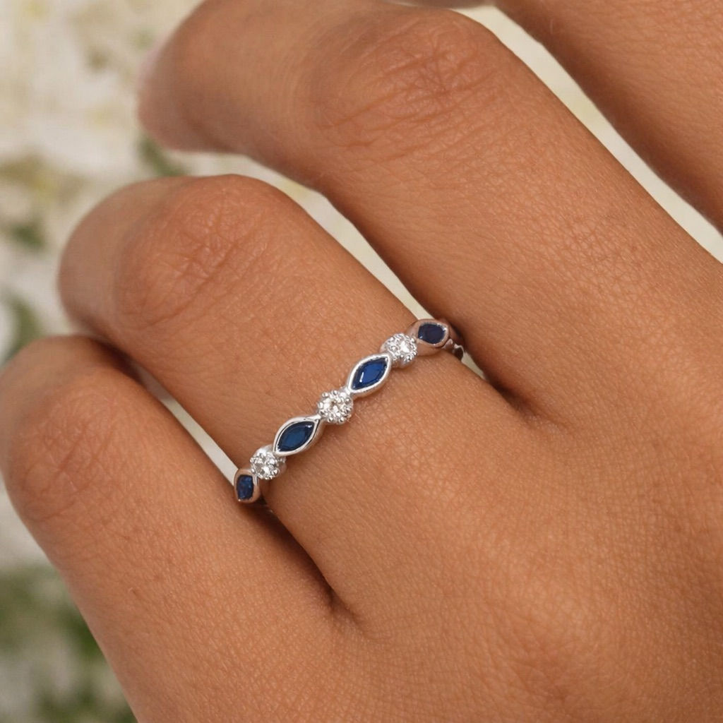 Half Band Silver Marquise Memorial Ring