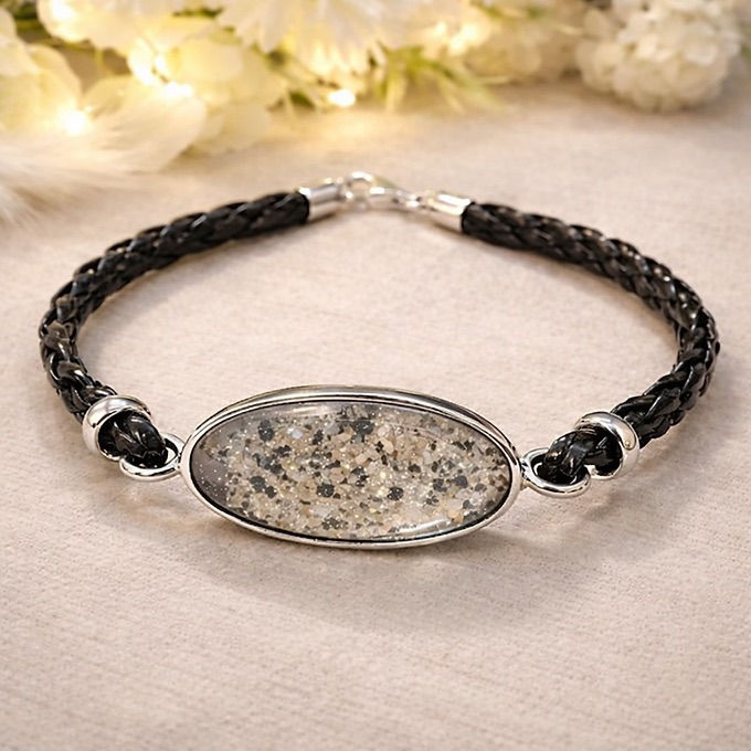 Leather & Silver Oval Set Memorial Bracelet