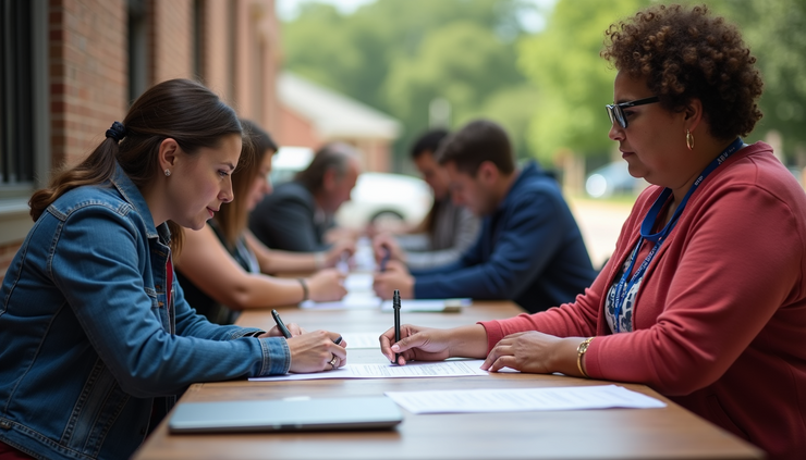 Eye-level view of a voter registration table set up outside a local church in Mississippi County
