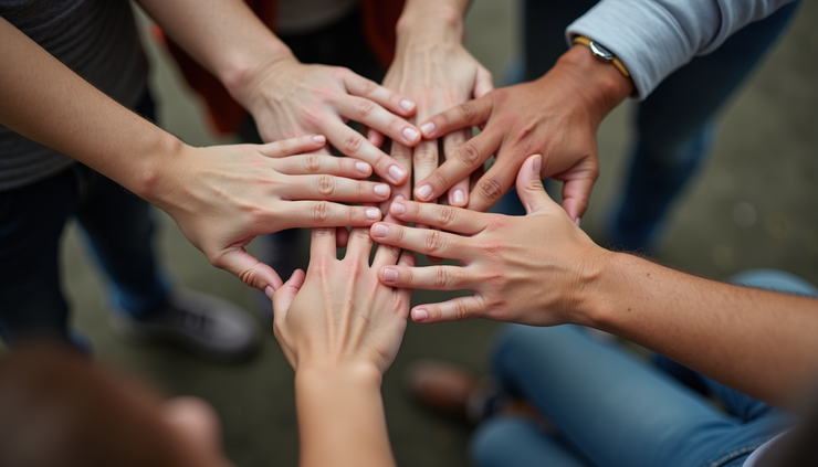 Close-up view of hands from different generations joining together in a circle