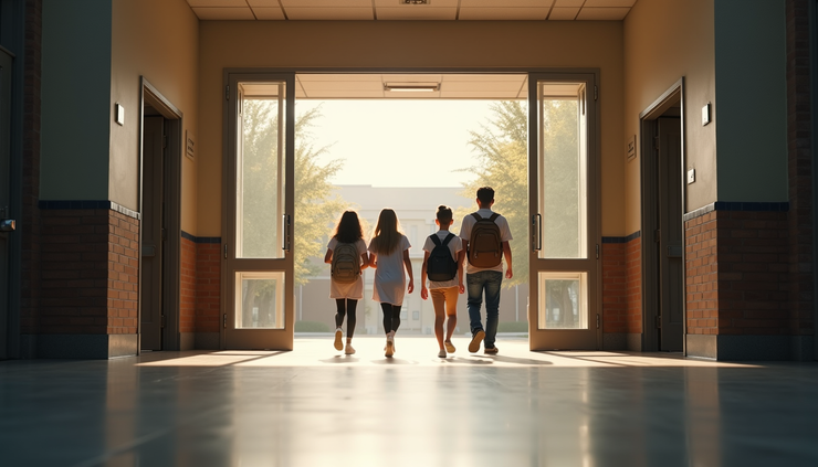 Eye-level view of an Arkansas public school building with students arriving