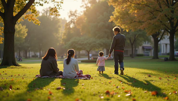 High angle view of a neighborhood park in District 34 showing diverse families enjoying outdoor activities