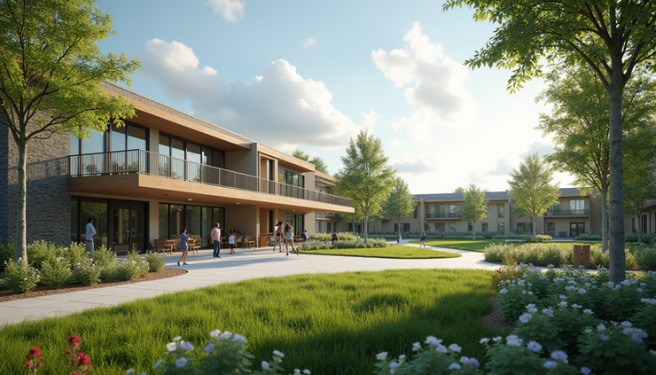 Eye-level view of a newly constructed community center in an urban neighborhood