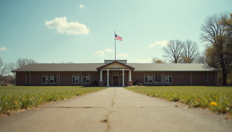 Eye-level view of a rural Arkansas public school building