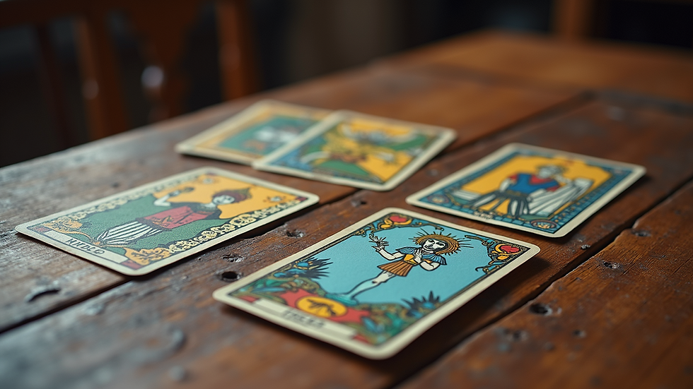 High angle view of colorful Tarot cards spread on a rustic wooden table