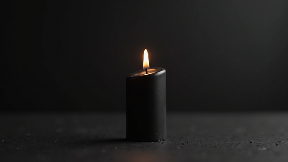 Eye-level view of a solitary black candle on a dark table