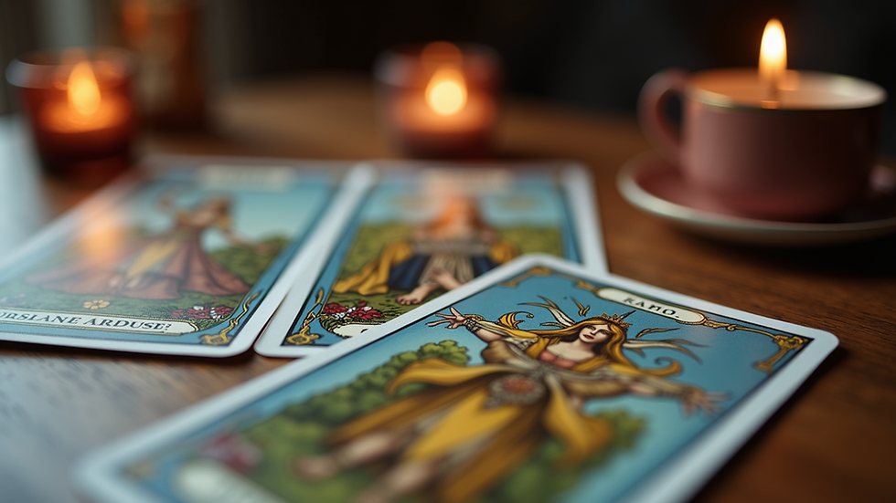 Close-up view of a Tarot deck spread on a table