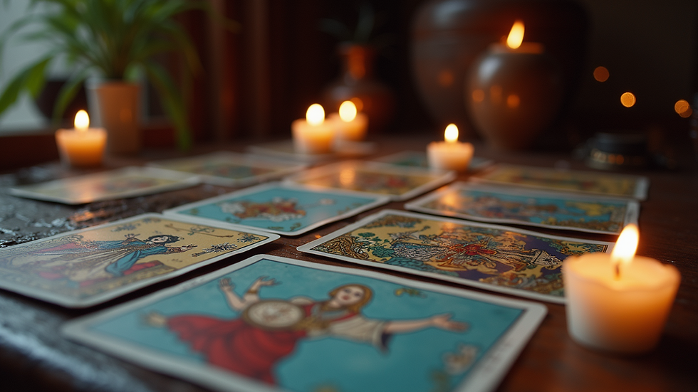 Eye-level view of tarot cards spread on a mystical table
