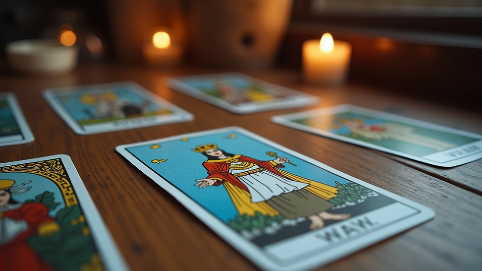 Eye-level view of a Tarot card spread emphasizing the Court Cards