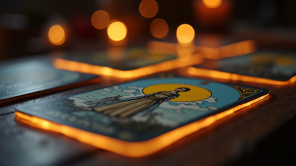 Close-up view of tarot card deck with illuminated edges