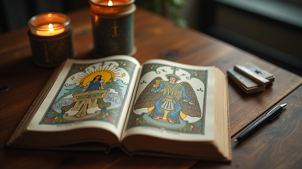 High angle view of an open Tarot book on a wooden table