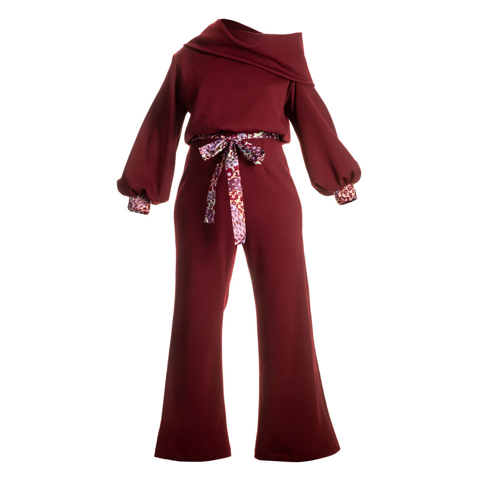a burgundy winter suit