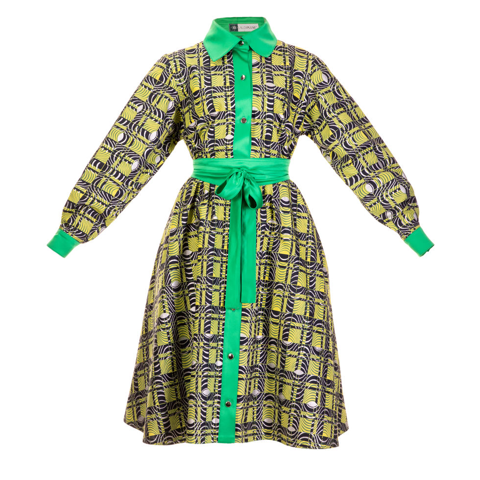 green dress with wax print