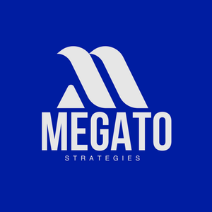 a blue and white logo for megato strategies