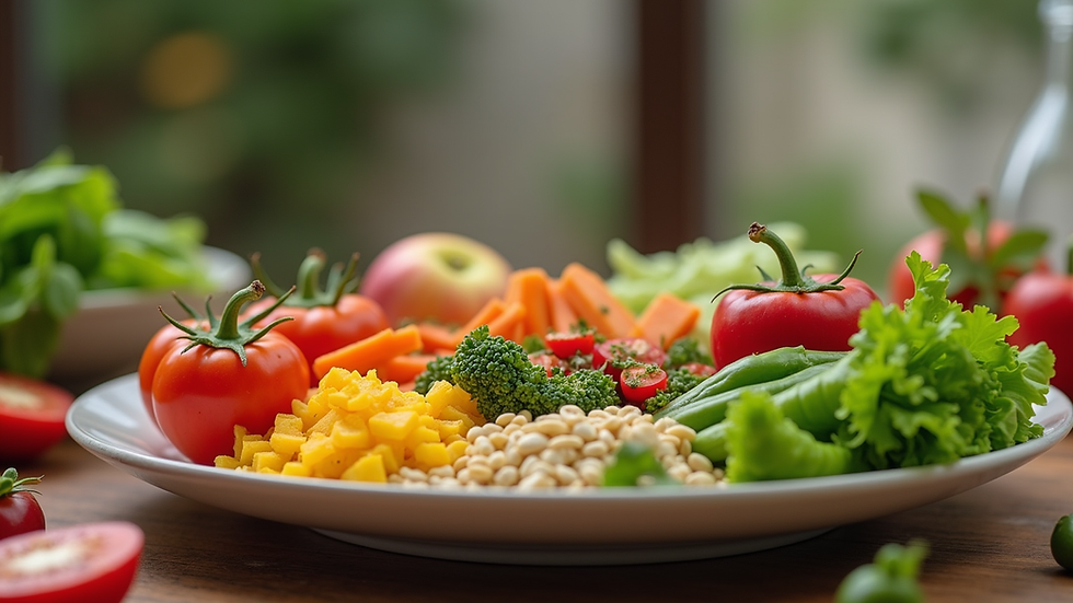 Eye-level view of a healthy meal with colorful vegetables and fruits on a wooden table