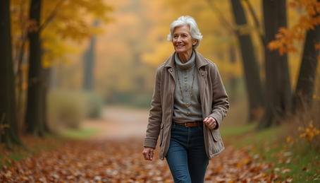 Senior woman walking on a forest trail in autumn