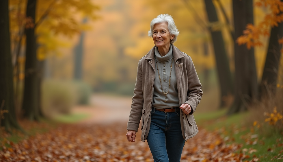Senior woman walking on a forest trail in autumn