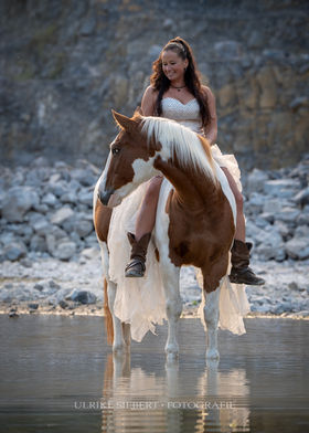 Pferdefotografie Ulrike Siebert – Mustang, inniger Moment zwischen Mensch und Pferd im See