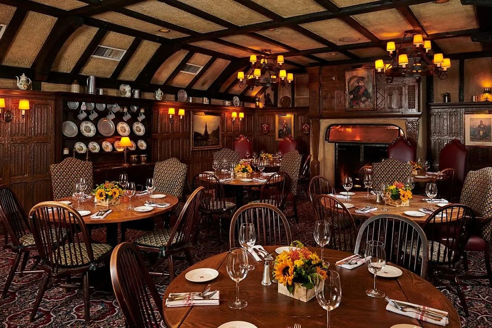Wood-paneled dining room at Tam O'Shanter in Los Angeles