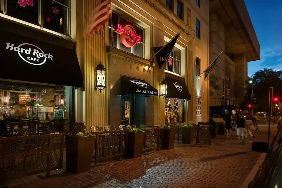Interior of Hard Rock Cafe Washington DC with music memorabilia and event space for company holiday parties and large groups.
