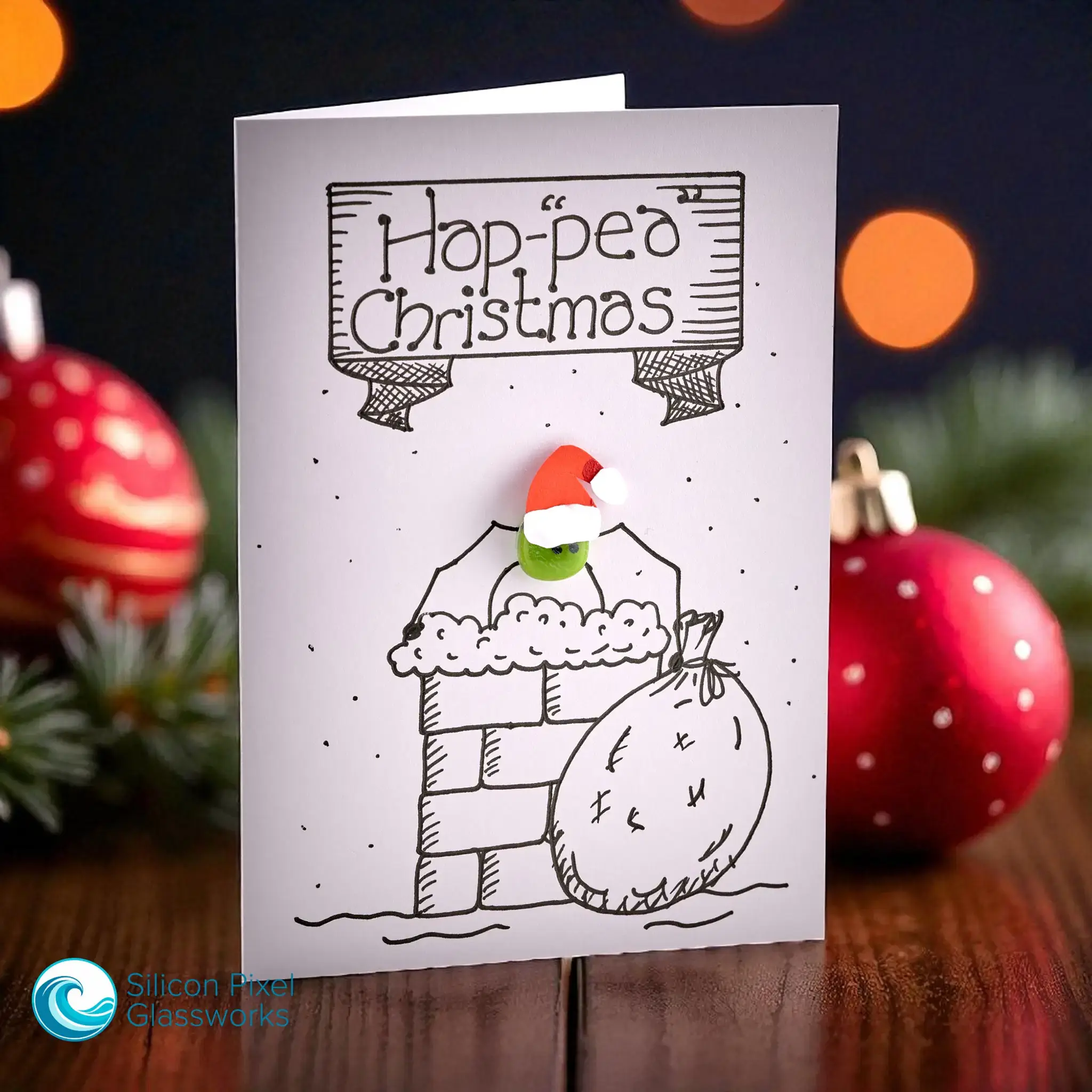 Hand-drawn 'Hap-pea Christmas' Santa card front view