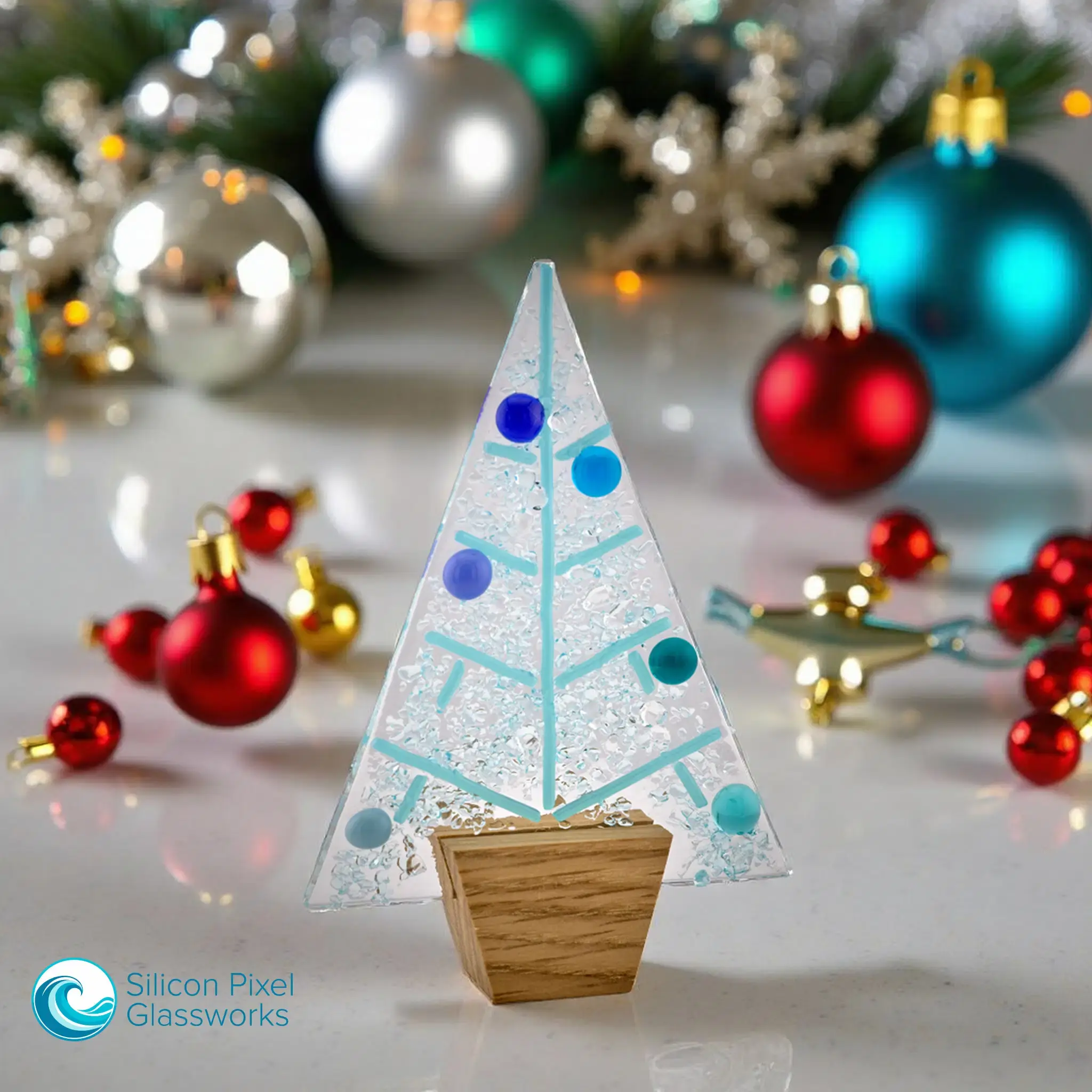 Snowy glass Christmas tree with blue baubles front view