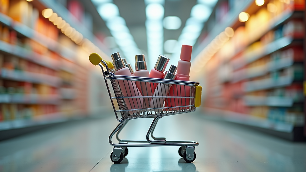 High angle view of a digital shopping cart filled with beauty products