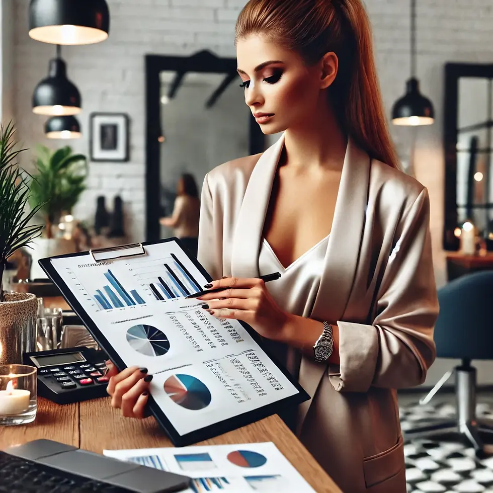 Stylist reviewing financial statements