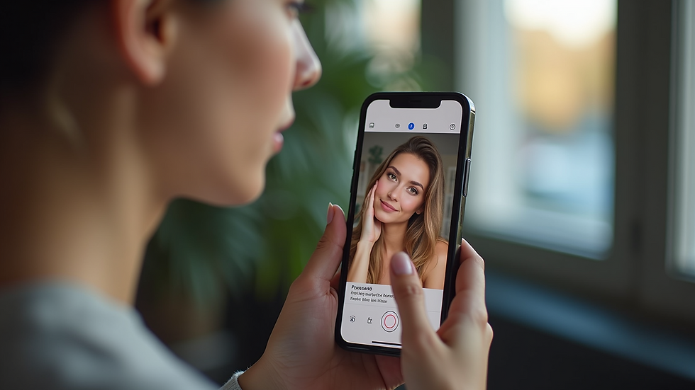 Eye-level view of a smartphone displaying a beauty app with social media icons