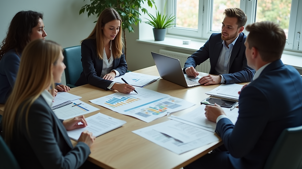 High angle view of a business team discussing growth strategies around a table