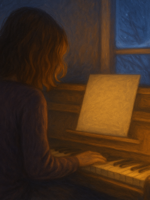 A person plays a piano by lantern light in a cozy room at night. A snowflake is visible through the window, creating a peaceful mood.